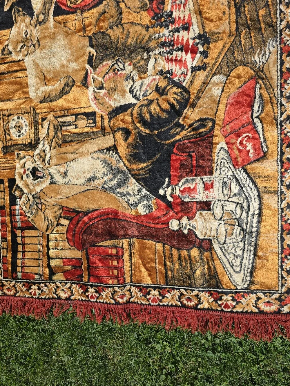 Vtg Anthropomorphic Cat Tapestry Wall Hanging Playing Chess Barware 48